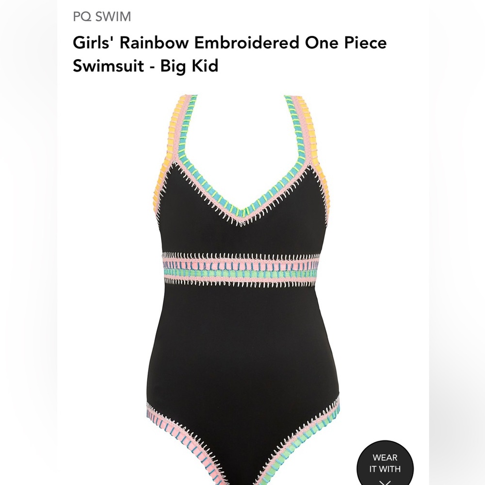 PQ Swim Rainbow Embroidered One-Piece Girls Size 14 NWOT